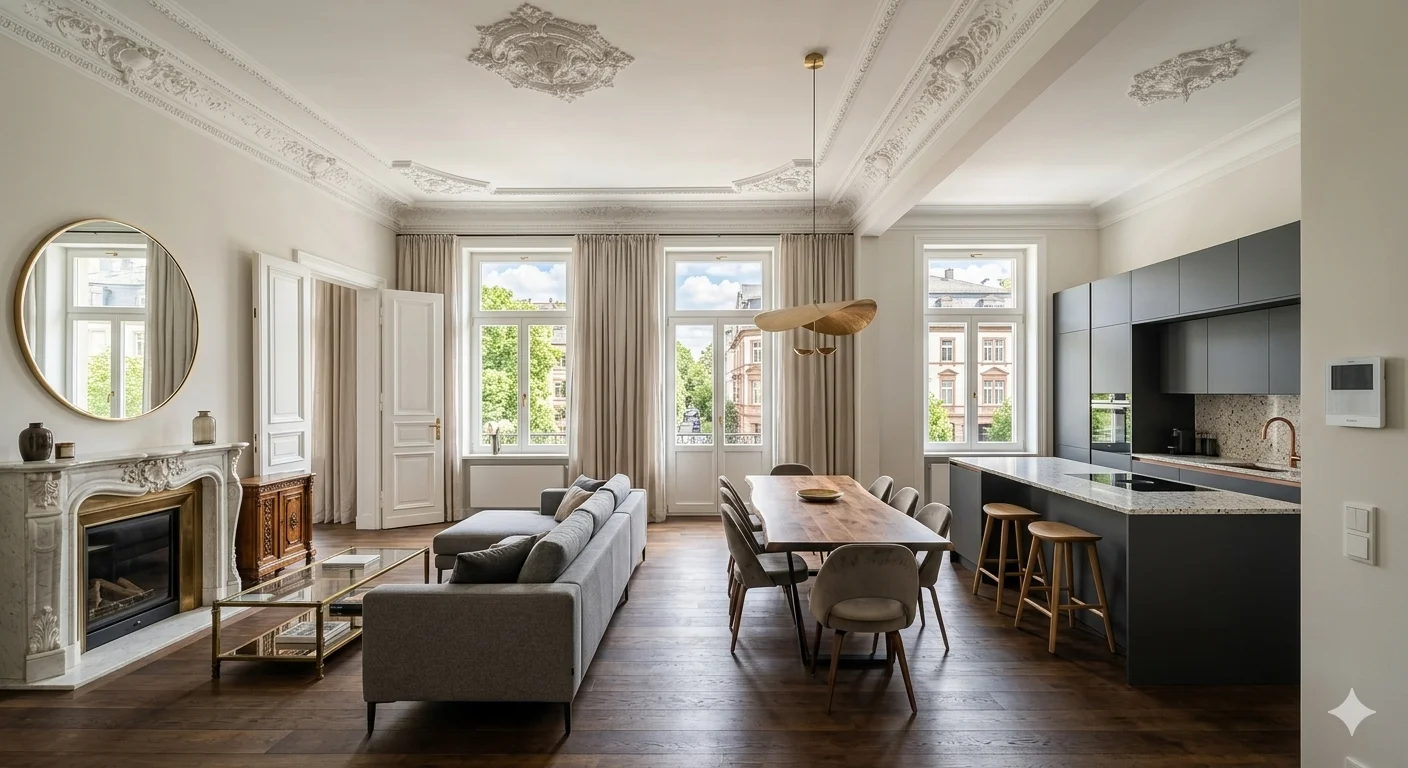 Eleganter Altbau-Wohnraum mit Stuck und großen Fenstern