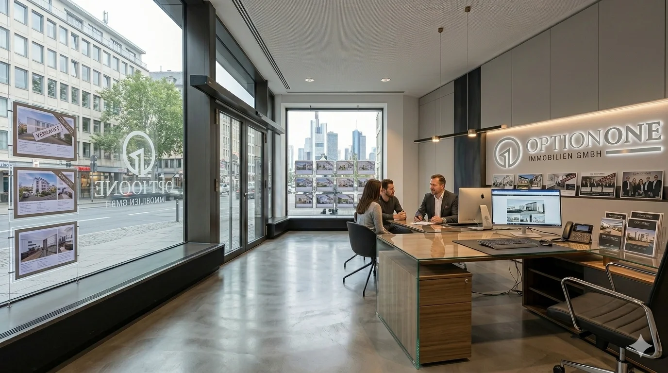 OptionOne Immobilien Büro in Frankfurt mit Blick auf die Skyline